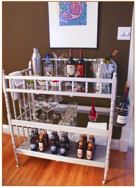 Turn your changing table into a bar cart. | 12 Depressing (But Useful) DIY Baby Projects Gold Bar Cart, Baby Changing Table, Trendy Bar, Cart Decor, Bar Cart Decor, Diy Bar, Baby Projects, Contemporary House Design, Baby Changing