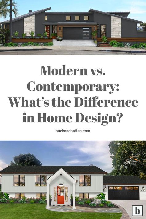 Modern and contemporary styles might seem similar, but they have distinctive differences when it comes to your home design. This article explains the differences in architecture, color palettes, and more to help you inform any home exterior design decisions or updates. #exteriordesign #homedesign #architecture #modern #contemporary 2023 Exterior Design Trends, 1980s Contemporary Home Exterior, Exterior House Colors Mid Century Modern, Modern Vs Contemporary Design, Modern Exterior House Colors, Contemporary Vs Modern, Paint Colors For House, Colors For House, Home Exterior Design