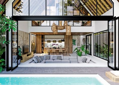 Villa Chalet - Balitecture Bali Style Home, Modern Tropical House, Tropical House Design, Monthly Expenses, Luxury Amenities, Outdoor Bathrooms, Tropical House, Living Room Ceiling, Modern Tropical