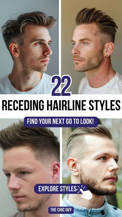 Top 22 Hairstyles to Enhance Men’s Receding Hairlines Receding Hairline Mens Haircut, Men’s Hair Receding Hairline, Short Hair For Receding Hairline, Short Sides Mens Haircut, Long Front Short Back Haircut Men, Long Hair Receding Hairline For Men, Combed Forward Hairstyles Men, Mens Haircut With Goatee, Men's Hairstyle For Receding Hairline