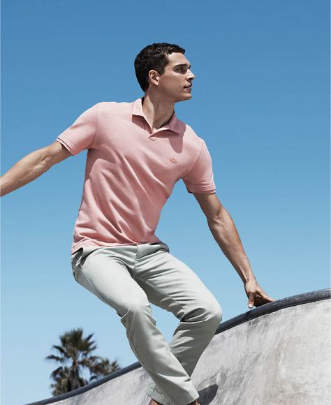 The Pastel polo lights up summer with an embroidered tone-on-tone croc. Pink Tshirt Outfit, Lacoste Outfit, Polo Outfit Men, Polo Shirt Outfit Men, Outfit Ideas Pink, Mens Lacoste, Pink Striped Shirt, Polo Shirt Outfits, Pink Denim Jacket