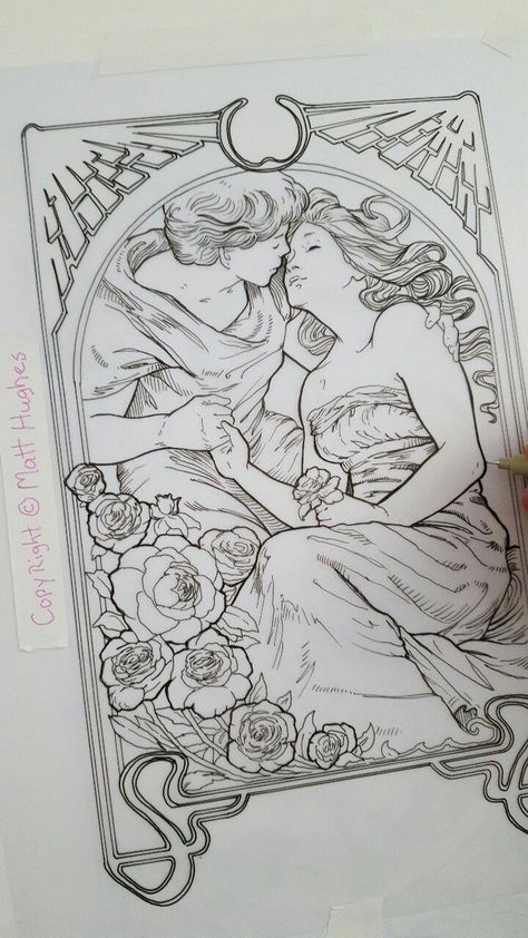 Tarot Card Line Drawing, Art Nouveau Tarot Cards, Art Nouveau Lovers, Art Nouveau Couple Illustration, Art Nouveau Tarot Illustration, The Lovers Tarot Drawing, Tarot Card Tattoo The Lovers, Art Nouveau Line Art, Tarot Style Art