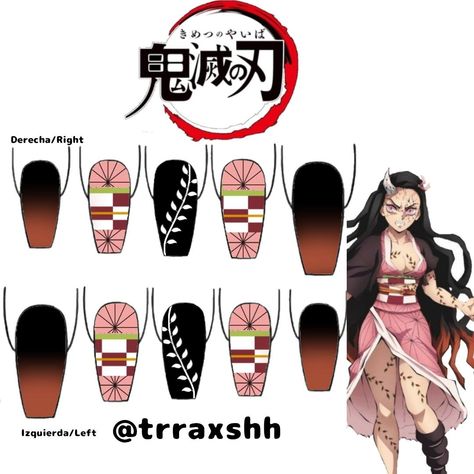 Nezuko nail art designs Anime Nails Art Demon Slayer, Nezuko Themed Nails, Anime Nail Designs Demon Slayer, Demon Slayer Nail Art Nezuko, Anime Nails Art Ideas, Muichiro Inspired Nails, Demon Slayer Acrylic Nails, Demon Slayer Nails Tanjiro, Disney Nail Designs Acrylic Disneyland