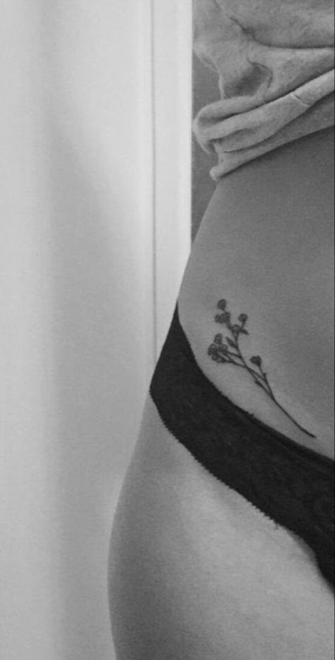 Small Flower Tattoo On Hip, Flower Pelvic Tattoo, Small Floral Hip Tattoo, Small Flower Hip Tattoo, Waist Line Tattoos For Women, Flower Tattoos Hip, Flower Tattoo On Hip, Side Flower Tattoo, Small Side Hip Tattoos