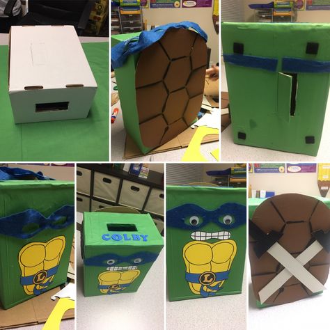 My sons Ninja Turtle Valentine's Box!  We put a secret door on the back behind the velcroed shell so he can get all of his Valentine's out. #valentinesbox #leonardoninjaturtle  #valentinesday Ninja Turtles Valentines Day Boxes, Ninja Turtle Valentine Box Ideas, Tmnt Valentines Boxes, Ninja Turtle Valentines Boxes, Ninja Turtle Valentines, Valentines Boxes For Kids School Ninja Turtle, Tmnt Valentine Box Ninja Turtles, Tmnt Valentines Cards, Valentines Card Holder