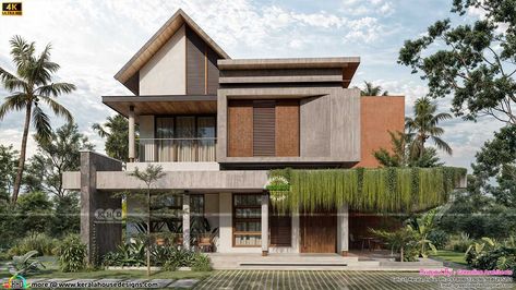 Modern tropical home with lush greenery and spacious balcony Modern Tropical Architecture, Tropical Houses Interior, Modern Tropical House, Kerala House, Tropical Home, Tropical Living, House Facade, Tropical Architecture, Conceptual Architecture