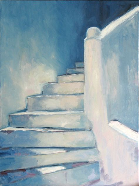 Stairs Painting Art, Painting Of Stairs, Greek Stairs, Stairs Painting, Stairs Art, Art Room Doors, Art Spatial, Watercolor Architecture, Painted Stairs