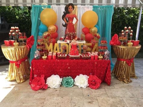 Maddie of Avalor birthday party | CatchMyParty.com Princess Elena Party, Elena Of Avalor Birthday, Elena Birthday Party, Princess Elena, Elena Of Avalor, Anniversaire Diy, Birthday Party Desserts, Bday Girl, Princess Birthday Party