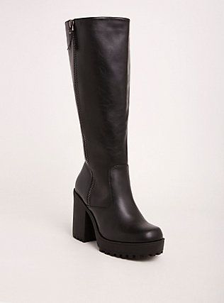 Plus Size Lug Heel Knee-High Boots (Wide Width & Wide Calf), BLACK Extra Wide Calf Boots, 90s Boots, Calf High Boots, Boots Wide, Black High Boots, Black Knee High Boots, Black Boots Tall, Wide Calf Boots, Knee High Leather Boots