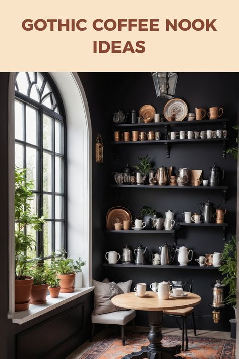 Want to add a touch of mysterious charm to your daily coffee ritual? Check out these 10 stylish Gothic coffee nook ideas that inspire creativity and elegance. From deep blacks to rich crimson accents, discover how to infuse the haunting beauty of Gothic decor into your coffee space. We'll share tips to blend intricate designs with cozy comfort, helping you create an enchanting nook that's perfect for sipping your favorite brews. Whether you're a lover of folklore or just adore dark aesthetics, these ideas are bound to add some distinctive flair to your home! Coffee Sitting Area In Kitchen, Coffee Sitting Area, Sitting Area In Kitchen, Coffee Nook Ideas, Coffee Nooks, Cozy Window Seat, Coffee Table Inspiration, Haunting Beauty, Gothic Windows