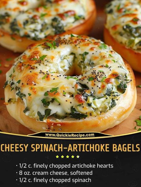 Mediterranean Kitchen Recipes | Cheesy Spinach-artichoke Bagels | Facebook Spinach Florentine Bagel, Spinach Florentine, Spinach Artichoke Casserole, Artichoke Casserole, Healthy Greens, Cheesy Spinach, Mediterranean Meals, Mediterranean Kitchen, Gooey Cheese