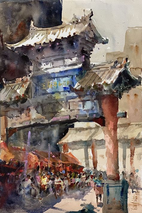 Pagoda Watercolor, Architecture Artists, Watercolor Scenery, Watercolor Art Landscape, Chinese Landscape Painting, Watercolor Architecture, Scenery Paintings, Watercolour Inspiration, Chinese Landscape