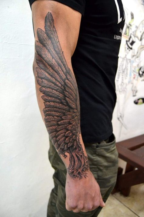 Tattoo uploaded by thelightningstation | Raven wing tree tattoo designed and inKed by K #tattoo #ink #wing #raven #ravenwing #tree #raven #wing #tree #forearmtattoo #blackandgreytattoo #tattoodo #inkbe #tattooaddictsouthafrica #worldfamousink #greenmonster #eikon #eikondevice #thelightningstation #inkedmagazine | 533438 | Tattoodo Angel Wing Arm Tattoo, Forearm Wing Tattoo, Wing Tattoo Arm, Raven Tattoos, Wing Tattoo Men, Harley Tattoos, Wing Tattoos, Interesting Tattoos, Forest Tattoo