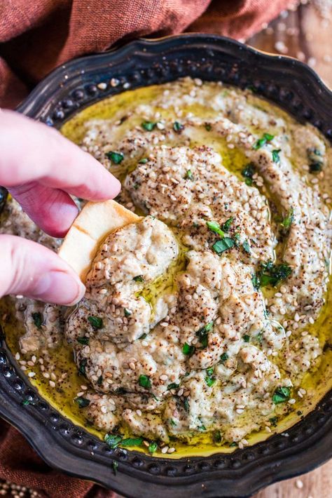 Baba Ghanoush (Roasted Eggplant Dip) | www.oliviascuisine.com | This creamy and delicious roasted eggplant dip is a Lebanese classic! It is vegetarian, but you can make it vegan by omitting the sour cream. Arabisk Mad, Roasted Eggplant Dip, Spreads Recipes, Baba Ghanoush, Easy Dip, Eggplant Dip, Roasted Eggplant, Roast Eggplant, Mediterranean Food