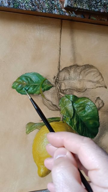 Lemon Art Paintings, Leaves Oil Painting, Lemon Art, Realistic Oil Painting, Painted Leaves, Painting Process, Oil Paintings, Art Tutorials, Painting & Drawing