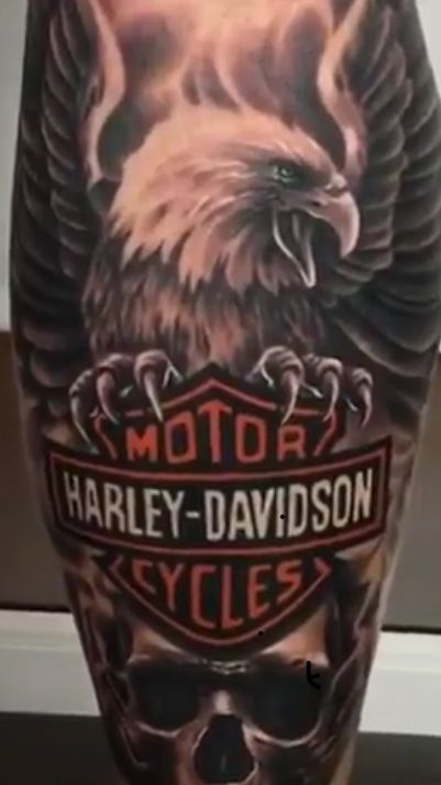 Harley Davidson Leg Tattoos, Mens Harley Davidson Tattoo Ideas, Harley Davidson Bar And Shield Tattoo, Harley Skull Tattoo, Harley Davidson Eagle Tattoo, Harley Davidson Tattoo Design, Harley Tattoo For Men, Tatoos Motorcycle Tattoo Ideas, Biker Tattoos For Men