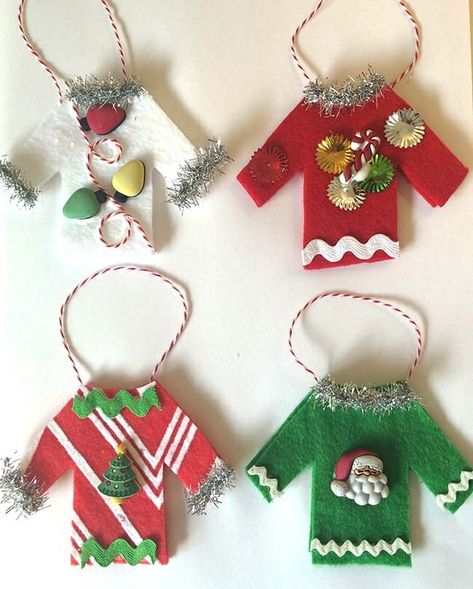 Ugly Sweater Ornaments Diy, Sweater Ornaments Diy, Ugly Sweater Ornaments, Christmas Sweater Ornaments, Ugly Christmas Sweater Pattern, Ugly Christmas Sweater Ornament, Diy Felt Christmas, Sweater Ornaments, Christmas Tree Ugly Sweater