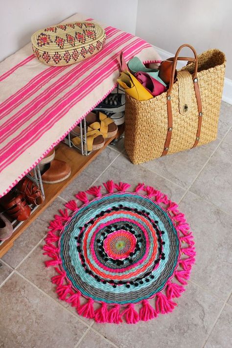 I am on a mission to see how many different home decor items I can weave! Just kidding but not really. Weaving is such an ancient skill and it makes me feel connected to generations of women (and men) A Rug, Circle Rug, Weekend Projects, Diy Rug, Beautiful Mess, Main Game, Rag Rug, On The Floor, Loans