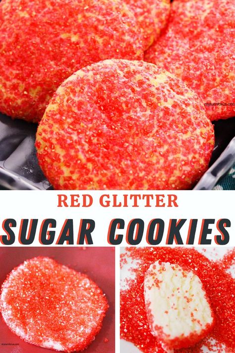 Make these red glitter cookies using red crystal sugar. We make a sugar cookie dough and roll the cut up cookies in the colored sugar prior to baking. This makes pretty red sparkle cookies for… More Red Velvet Sugar Cookies Cut Out, Wet On Wet Valentine Cookies, Sparkle Cookies, Frosted Valentine Sugar Cookies, Dirt Cookies, Valentine’s Day Sugar Cookies Recipe, Glitter Cookies, Valentines Sugar Cookies Sprinkles, Up Cookies