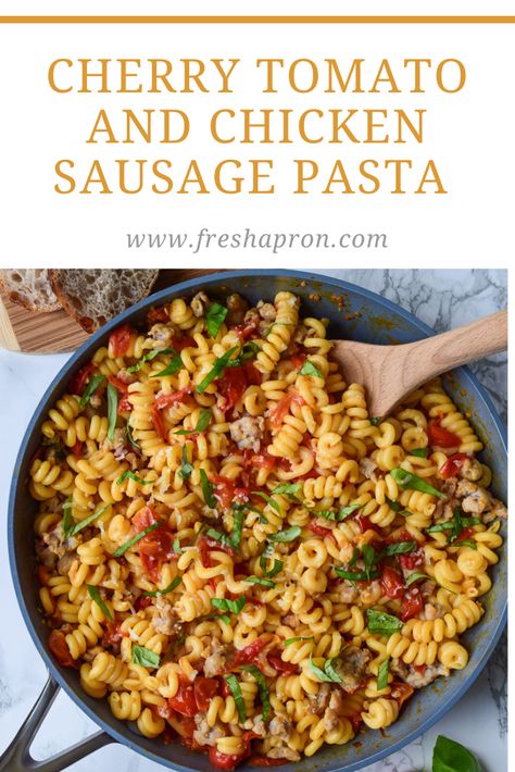 This Cherry Tomato and Chicken Sausage Pasta is a quick and easy dish that’s the perfect every day meal. It’s bursting with flavor from the cherry tomatoes and fresh basil – and just screams summer! Tomato Basil Chicken Sausage Recipes, Chicken Sausage Recipes Pasta, Chicken Sausage Recipes, Chicken Sausage Pasta, Tomato Basil Chicken, Tomato Pasta Recipe, Sausage Pasta Recipes, Italian Chicken Sausage, Chicken Apple Sausage