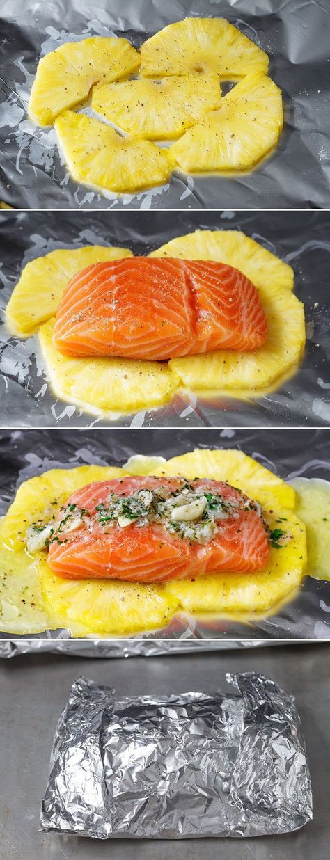 Salmon in Foil Packets – #baked #salmon #recipe #eatwell101 - Easy to make, tastes delicious & ready in 20mins! - #recipe by #eatwell101® Salmon And Pineapple, Marinade Salmon, Salmon Photography, Lemon Garlic Butter Salmon, Sashimi Tuna, Vegetarische Diners, Pineapple Salmon, Salad Salmon, Lemon Butter Salmon