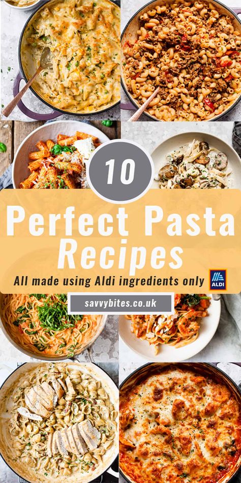 10 Easy Pasta Recipes To Make All Week Long - Savvy Bites Beginner Pasta Recipes, Chicken Pasta Recipes Easy Quick Dinner One Pot Meals, Bulk Pasta Recipes, Savvy Bites, Budget Pasta Recipes, Aldi Pasta Recipe, Slow Cooker Pasta Bake, Slow Cooker Gammon, Easy Diner