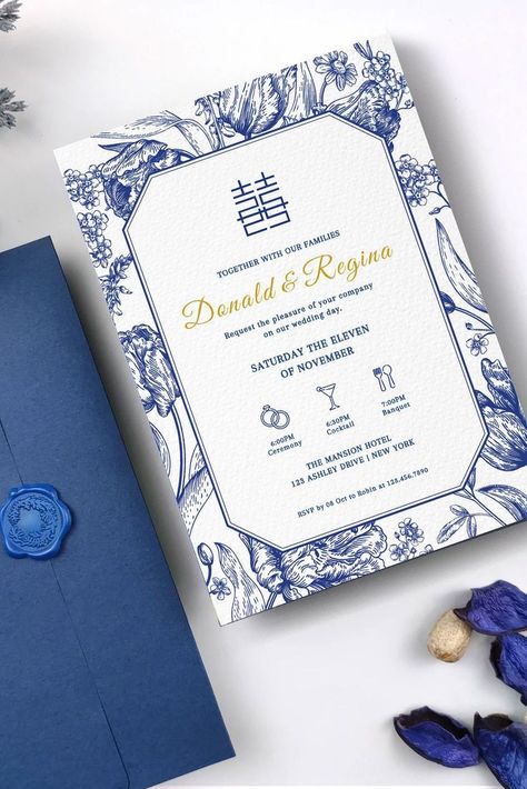 Chinoiserie Chinese Wedding Invitation Card Template, Asian Wedding Invitation DIY Printable Double Happiness 结婚请柬 Oriental Royal Blue Chinoiserie Wedding Invitation, Chinese Wedding Invitation Card, Asian Wedding Invitations, Modern Chinese Wedding, Chinoiserie Wedding, Chinese Wedding Invitation, Chinese Wedding Decor, Mandarin Language, Chinese Mandarin