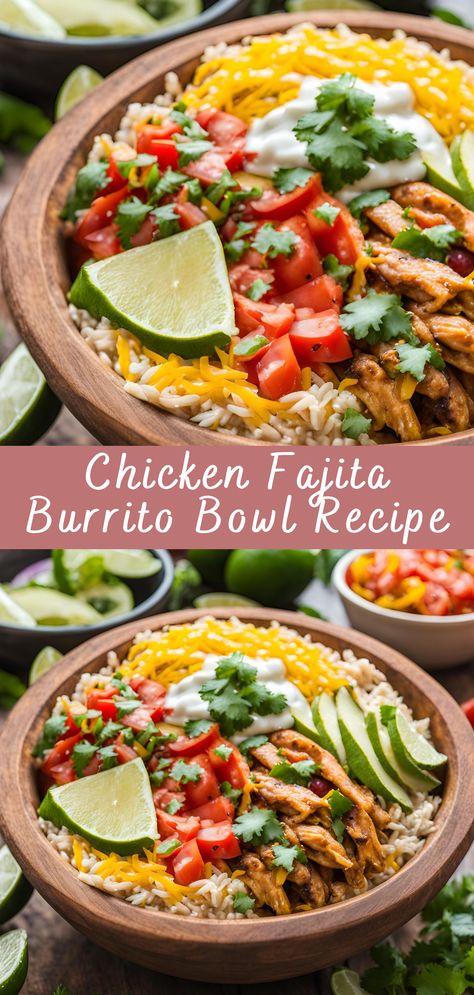 Chicken Fajita Burrito Bowl Recipe | Cheff Recipes Healthy Burrito Bowl Recipes, Chicken Fajita Bowls Healthy, Chicken Fajita Bowl Recipe, Healthy Fajita Bowl, Fajita Bowl Meal Prep, Burittos Bowl Recipes, Fiesta Bowl Recipe, Fajita Recipe Chicken, Fajitas Bowls