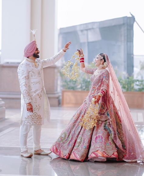 Bride And Groom Indian Wedding Outfit, Punjabi Clothes, Groom Indian Wedding Outfits, Bridal Lehenga Images, Engagement Dress For Groom, Wedding Matching Outfits, Lehenga Images, Indian Groom Dress, Punjabi Wedding Couple