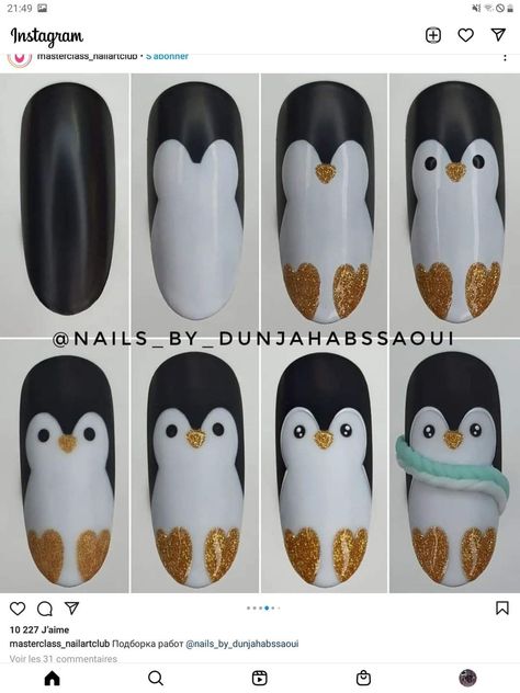 Freehand Nail Art Design, Penguin Nails Designs, Penguin Nail Art Christmas, Winter Penguin Nails, Winter Animal Nails, Step By Step Christmas Nail Art, Penguin Christmas Nails, Penguin Nails Christmas, Olaf Nails Designs