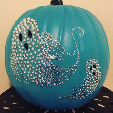 Turquoise Pumpkin Painting, Aqua Halloween Decor, Rhinestone Pumpkin Decorating Ideas, Styrofoam Pumpkin Decorating, Bedazzled Pumpkin Ideas, Blue Halloween Decorations, Under The Sea Pumpkin Ideas, How To Decorate A Pumpkin, Blue Pumpkin Painting Ideas