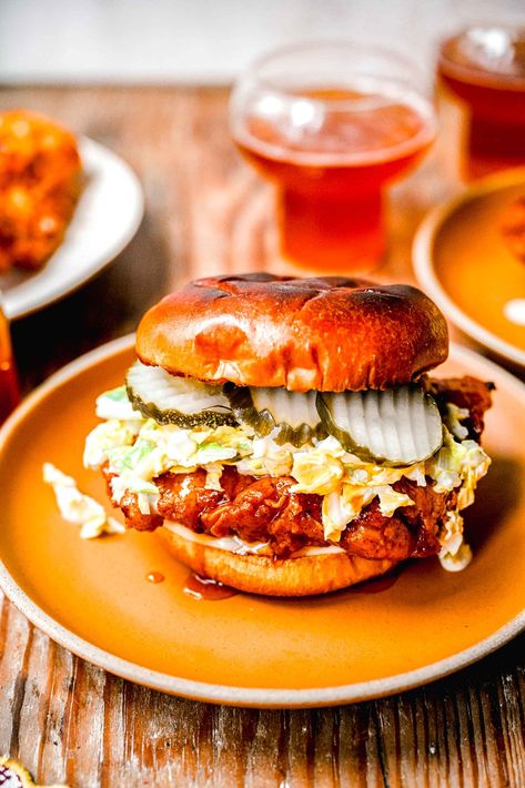 Honey Butter Chicken Sandwich, Hot Honey Chicken Burger, Hot Honey Sandwich, Hot Honey Fried Chicken Sandwich, Brioche Bun Sandwich Ideas, Hot Honey Chicken Sandwich, Hot Honey Fried Chicken, Honey Chicken Sandwich, Wendys Spicy Chicken