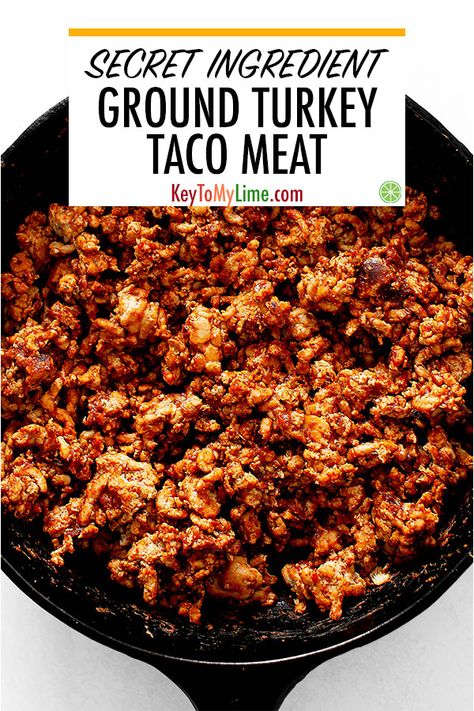 This taco meat recipe is one of my favorite ground turkey recipes! It’s SO GOOD. There are two secret ingredients that make it the best ground turkey taco meat ever. Making this for every taco night from now on. #tacos #turkey #groundturkey #poultry | keytomylime.com Meat Calories, Seasoning Turkey, Ground Turkey Taco Meat, Taco Meat Recipe, Turkey Tacos Recipes, Meat Ideas, Seasoning Chicken, Ground Turkey Tacos, Taco Meat Recipes