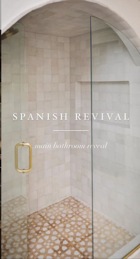 Tile Shower Double Head, Mixed Marble Bathroom, Bathroom Remodel Mediterranean, Continuous Floor And Shower Tile, Hexagonal Mosaic Tiles Bathroom, Backlighting Interior Design, Hacienda Laundry Room, Fun Bathroom Shower Tile, Timeless Spa Bathroom