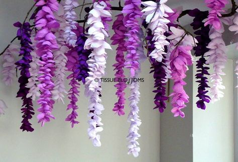 Tissue paper wisteria Paper Wisteria, Tissue Paper Crafts, Tissue Flowers, Fleurs Diy, Paper Flower Backdrop, Crepe Paper Flowers, Paper Flowers Craft, Tissue Paper Flowers, Hanging Flowers