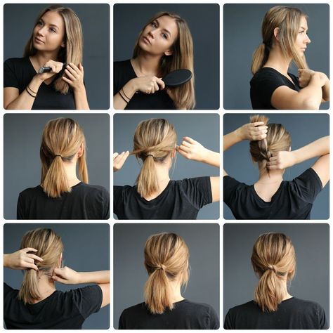 Ponytail on short hair Tutorials — Kalisi skandinavia Ponytail On Short Hair, Medium Hair Ponytail, Bday Hair, Short Hair Ponytail, Hair Patterns, A Ponytail, Short Hair Tutorial, Hair Ponytail, Penteado Cabelo Curto