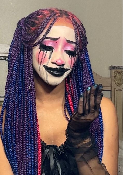 Clown core makeup for Halloween on black girl with colorful braids  
Clown makeup Crazy Make Up Looks Full Face, Dream Core Makeup, Clown Core Makeup Black, Clown Core Drawing, Dark Clowncore Makeup, Messy Clown Makeup, Crazy Makeup Looks Creative Full Face, Cool Makeup Looks Creative Full Face, Kawaii Clown Makeup