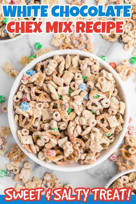 White Chocolate Chex Mix Snack, White Chocolate Cereal Snack, Chex Mix With White Chocolate, White Chocolate Chex Mix Recipes, Chex Dessert, Chocolate Cereal Treats, Chocolate Chex Mix Recipes, Chex Mix Recipes Sweet, White Chocolate Chex Mix