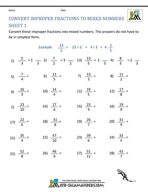 Roman Numeral 2, Mixed Fractions Worksheets, Improper Fractions To Mixed Numbers, Mixed Fractions, Free Math Printables, Converting Fractions, Physics Books, Improper Fractions, Kindergarten Skills