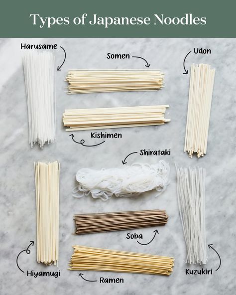 types of Japanese noodles laid out on a surface and labeled Types Of Ramen Noodles, Homemade Japanese Noodles, Japanese Ingredients List, Wheat Noodle Recipes, Noodles Types, Vermicelli Noodles Recipes, Noodle Types, Japanese Noodle Recipes, Quick Noodles