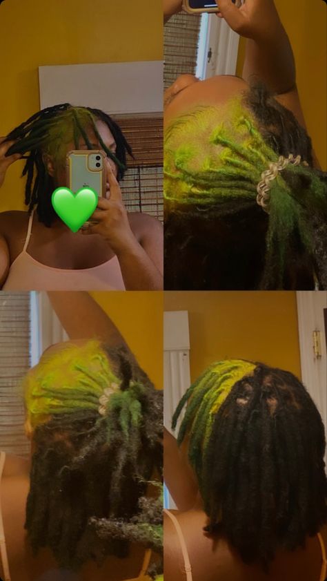 Skunk Dyed Locs, Green And Blonde Locs, Loc Skunk Stripe, Hair Dye Ideas For Locs, Dye Locs Ideas, Dyed Roots On Locs, Green And Black Locs, Locs With Skunk Stripe, Locs Peekaboo