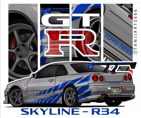 Cartoon Jdm Car, Gtr Drawing, Gtr Poster, Nissan Skyline R34 Gtr, To Fast To Furious, Kereta Sport, Nissan Skyline R34, Nissan Gtr R34, Gtr Car