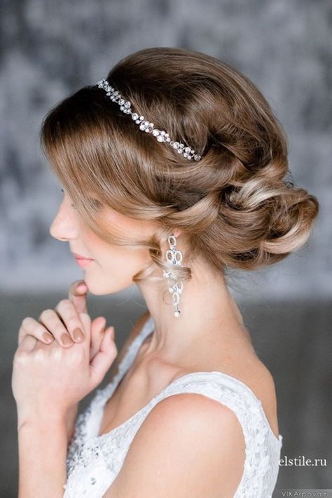 elegant updo wedding hairstyles with crystal bridal headpieces Glamorous Wedding Hair, Updo With Headband, Sanggul Modern, Beautiful Wedding Hair, Crystal Bridal Headpiece, Hairstyle Inspiration, Fishtail Braid, Bridal Updo, Wedding Hairstyles Updo