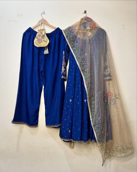 Zardosi work pure silk Anarkali & palazzo paired with hand painted and embellished 3yards organza dupatta Made to perfection #nayabluxe #customized #handpainted Handmade handpainted handpaintedandembellished organzadupatta India trending Anarkali fyp royalblue Silk Anarkali, Zardosi Work, Organza Dupatta, Punjabi Suits, How To Look Classy, Anarkali, Pure Silk, Royal Blue, That Look