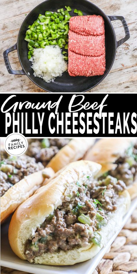 These hearty homemade Philly cheesesteaks with ground beef are SO good! My kids are always THRILLED when dinner sandwiches are on the menu, especially if they’re ground beef Philly cheesesteaks. The juicy ground beef, tender bell peppers and onions, and plenty of gooey cheese make a hearty dinner recipe that’s family friendly. It’s the perfect one-pan dinner for a busy weeknight meal, or you can make them into meal prep sandwiches and enjoy it all week long for when you need a meal on-the-go. Recipes That Include Ground Beef, Ground Beef Camping Recipes, Diner With Ground Beef, Fall Meals Dinners Ground Beef, Sports Mom Dinner Ideas, Big Family Dinner Ideas Meals, Family Meals Ground Beef, Ground Beef Recipes For Toddlers, Ground Beef Toddler Meals