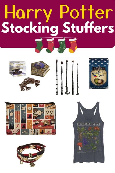 collage of tank top makeup brushes chocolate frog jelly beans makeup bag and bracelets with text overlay that reads harry potter stocking stuffers Harry Potter Stocking Stuffers, Harry Potter Christmas Stocking, Harry Potter Stocking, Christmas Stocking Ideas, Stocking Filler Ideas, Filler Ideas, Stocking Stuffer Ideas, Harry Potter Christmas, Ideas For Christmas