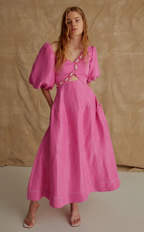 Eyelet Midi Dress, Glamour Dress, Eyelet Dress, Puffed Sleeves, Linen Clothes, Colorful Fashion, Designer Outfits Woman, Pink Fashion, Moda Operandi