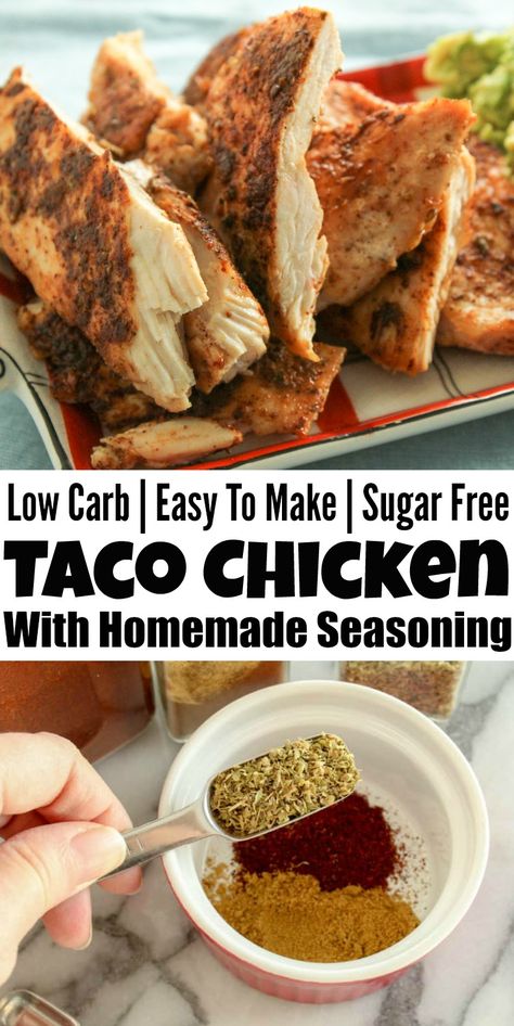 Low Carb Taco Chicken - With Sugar Free Homemade Taco Seasoning! #tacorecipes #tacochicken #tacoseasoning #chickenrecipes #lowcarbrecipes #lowcarb #tacotuesday Stylish Cravings, Freezing Cooked Chicken, Low Carb Taco, Taco Chicken, Chicken Taco Seasoning, Taco Seasoning Recipe, Chicken Taco Recipes, Low Carb Tacos, Dinner Salad