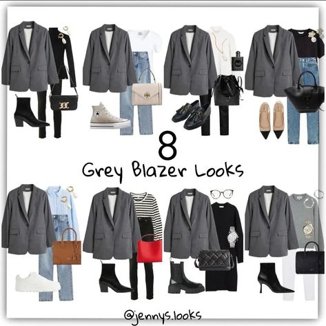 Grey Jacket Women Outfit, Grey Blazer With Jeans Women Outfit, Women’s Grey Blazer Outfit, Outfit With Grey Blazer For Women, Outfits With Grey Blazers For Women, Autumn Outfits Blazer, Gray Cropped Blazer Outfit, How To Wear A Grey Blazer, Grey Blazer Styling Women