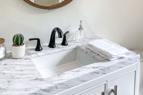 How To Choose the Right Bathroom Countertop Concrete Bathroom Countertops, Marble Countertops Bathroom, Granite Bathroom Countertops, Quartz Bathroom, Granite Bathroom, Countertop Design, Bathroom Counters, Bathroom Countertop, Laminate Countertops